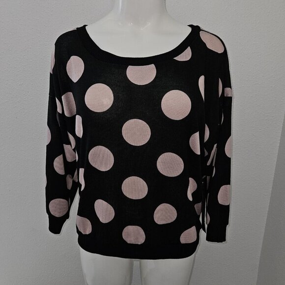 NEW Almost Famous Black Pink Polka Dot Top Floral Lace Back Junior's Large - Picture 1 of 8